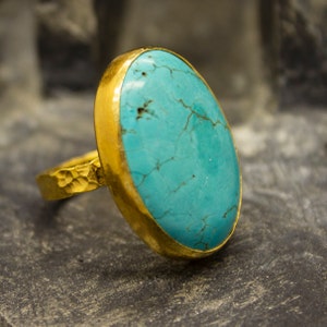 Turquoise Ring | 24K Gold Plated | Handmade Ring | Statement 925 Sterling Silver Ring | Stackable Ring | Oval Turquoise Ring by Pellada