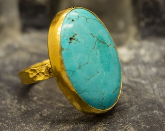 Turquoise Ring | 24K Gold Plated | Handmade Ring | Statement 925 Sterling Silver Ring | Stackable Ring | Oval Turquoise Ring by Pellada