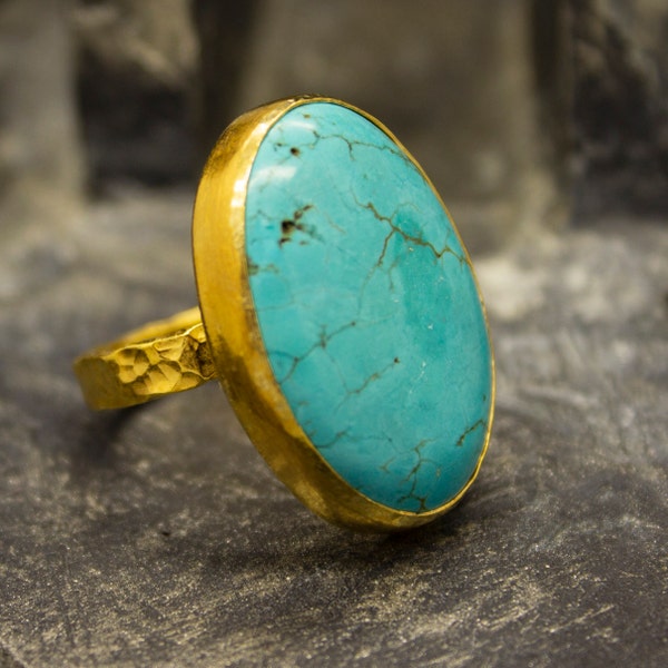 Turquoise Ring | 24K Gold Plated | Handmade Ring | Statement 925 Sterling Silver Ring | Stackable Ring | Oval Turquoise Ring by Pellada