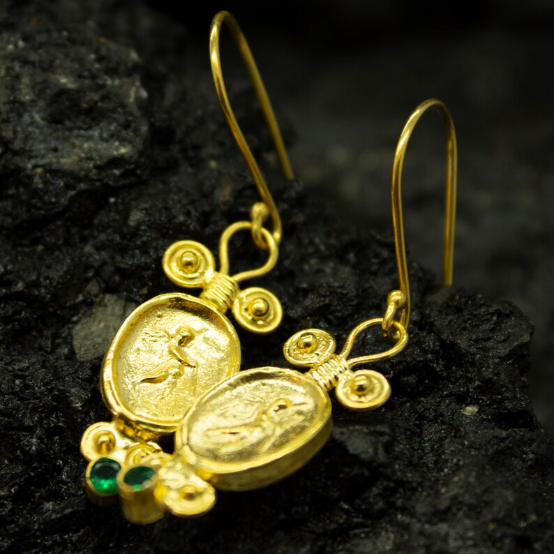 Ancient Greek Signet Earrings Guardian Angel Medallion Earrings 24K Gold Plated 925 Sterling Silver Religious Gift by Pellada
