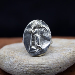 Guardian Angel Medallion Ring | 24K Gold Plated 925 Sterling Silver | Ancient Greek Signet Ring |  Religious Medal Ring  by Pellada