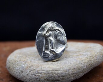 Guardian Angel Medallion Ring | 24K Gold Plated 925 Sterling Silver | Ancient Greek Signet Ring |  Religious Medal Ring  by Pellada
