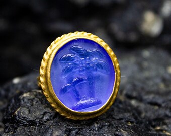 Ancient Palm Silver Ring Handmade Jewelry | 24K Gold Plated 925 Sterling Silver | Tropical Intaglio Ring | Palm Tree Jewelry Ring by Pellada