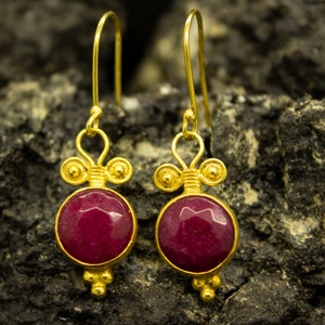 Handmade  Ruby Silver Dangle Earrings | 24K Gold Over 925 Sterling Silver | Dainty Red Ruby Earrings | Birthstone Earrings | Gift By Pellada