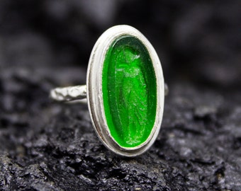 Ancient Greek Woman Intaglio Glass Green Ring | 925 Sterling Silver | Ancient Aphrodite Jewelry | Tiny Carving Glass Ring by Pellada