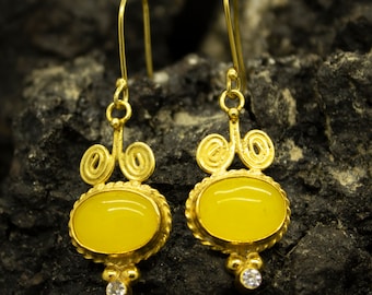 Yellow Jade Stone  Earrings | 24K Gold Over 925 Sterling Silver |  Handcrafted Birthstone Earrings | Yellow Stone Earrings | By Pellada