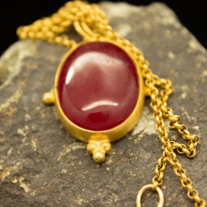 Ancient Art Red Jade Stone Necklace 925 Sterling Silver 24K Gold Plated Handcrafted Necklace Pendant Minimalist Jewelry By Pellada