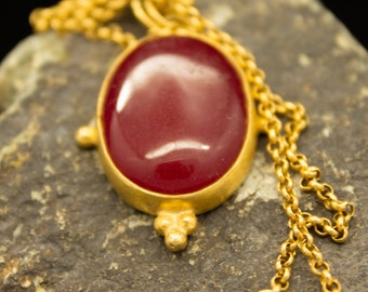 Ancient Art Red Jade Stone Necklace 925 Sterling Silver 24K Gold Plated Handcrafted Necklace Pendant Minimalist Jewelry By Pellada
