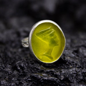 Egyptian Nefertiti Intaglio Yellow Glass Ring | 925 Sterling Silver | Queen Intaglio Glass Ring | Venetian Intaglio Carved Glass by Pellada
