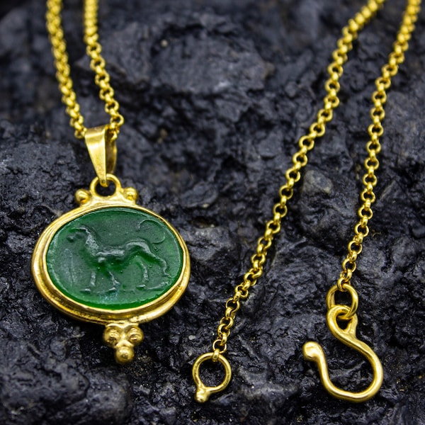 Ancient Greek Lion Intaglio Necklace | 925 Sterling Silver | Lydia Lion Kings Intaglio Glass Pendant | Venetian Necklace Gift by Pellada