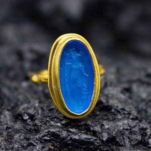 Ancient Greek Woman Intaglio Turquoise Glass Silver Ring | 24K Gold Plated | Ancient Venetian Glass Jewelry | Dainty Carving Ring by Pellada