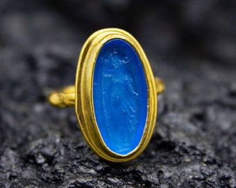 Ancient Greek Woman Intaglio Turquoise Glass Silver Ring | 24K Gold Plated | Ancient Venetian Glass Jewelry | Dainty Carving Ring by Pellada