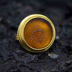 Honey Bee Greek Intaglio Glass Ring | 925 Sterling Silver | Ephesus Ancient Bee Intaglio Jewelry | Ionia Queen Bee Intaglio Ring by Pellada
