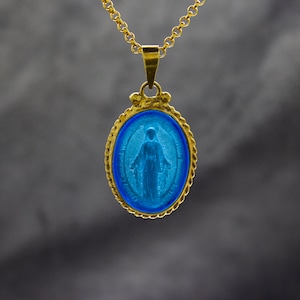 Miraculous Blue Intaglio Glass Necklace | 925 Sterling Silver | Religious Christian Pendant | Venetian Relief Dainty Jewelry by Pellada