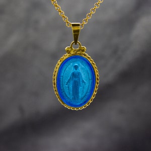 Miraculous Blue Intaglio Glass Necklace | 925 Sterling Silver | Religious Christian Pendant | Venetian Relief Dainty Jewelry by Pellada