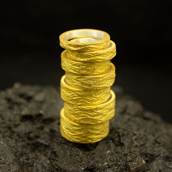 Tree Bark Silver Gold Ring 6 Mm | 24K Gold Plated 925 Sterling