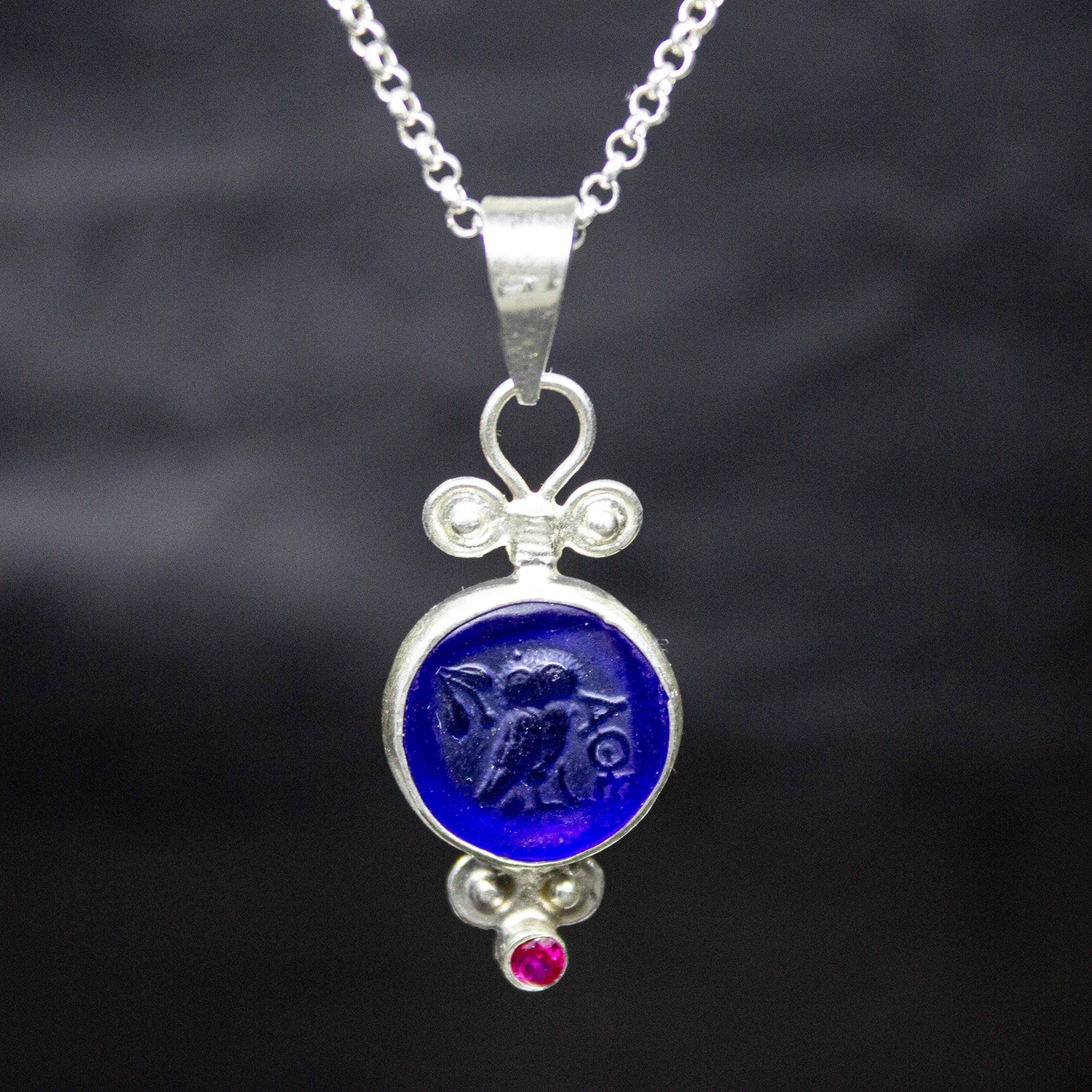 Ancient Owl Blue Glass Silver Necklace | 925 Sterling Silver | Athena Green Intaglio Pendant | Greek Owl Pendant | Gift for Her by Pellada