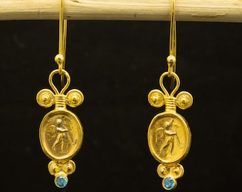 Guardian Angel Coin Dangle Earrings | 24K Gold Plated 925 Sterling Silver | Handcrafted Greek Medallion Earrings | Ancient Gift by Pellada