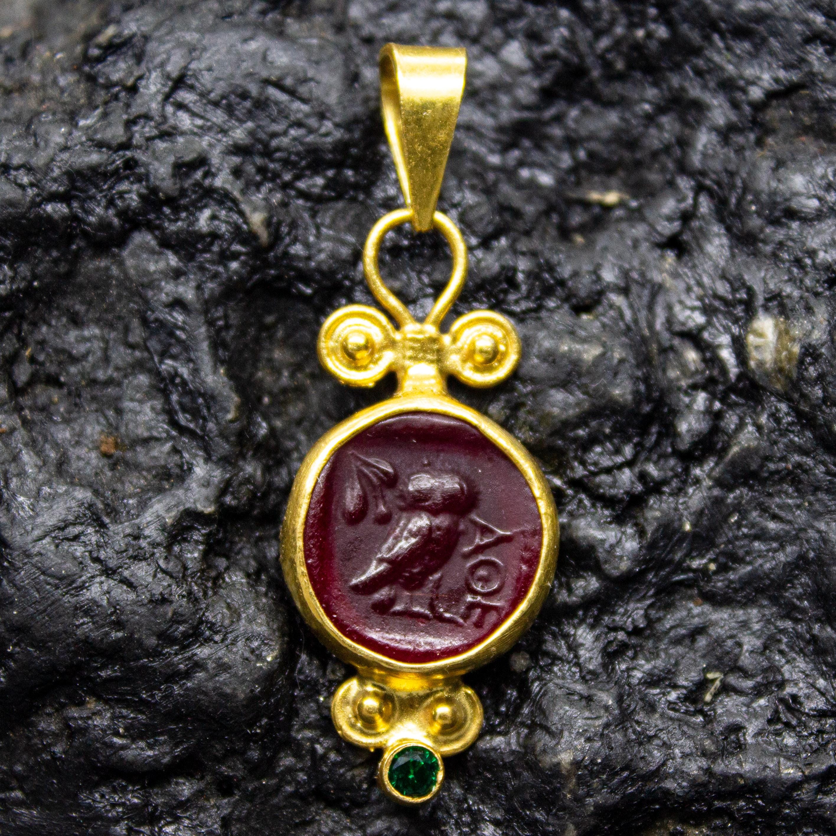 Red String Intaglio Greek Owl Intaglio Red Glass Necklace | 925 Sterling Silver | Athena ...
