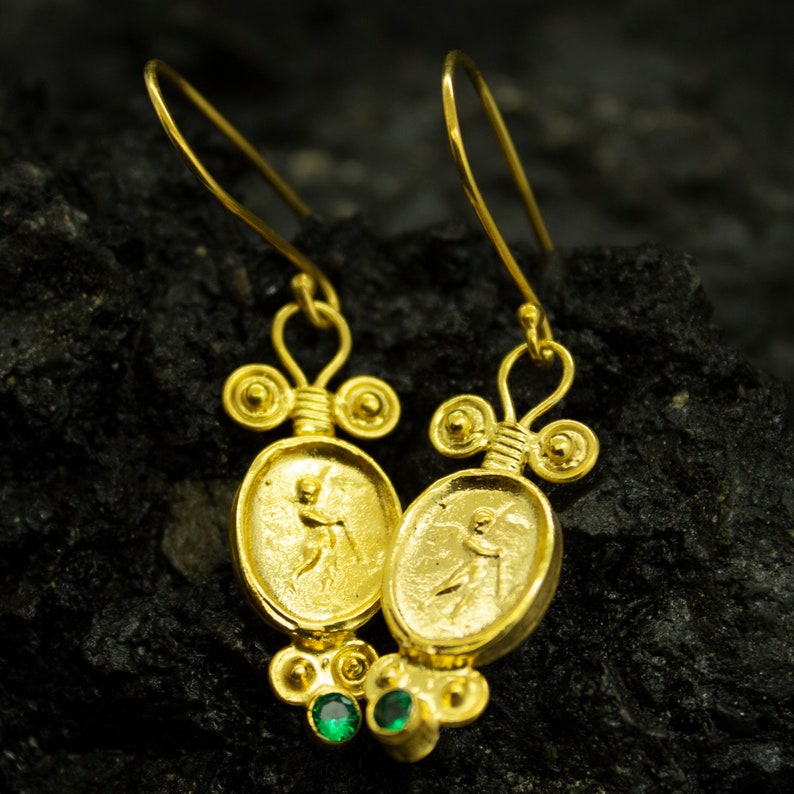 Ancient Greek Signet Earrings Guardian Angel Medallion Earrings 24K Gold Plated 925 Sterling Silver Religious Gift by Pellada