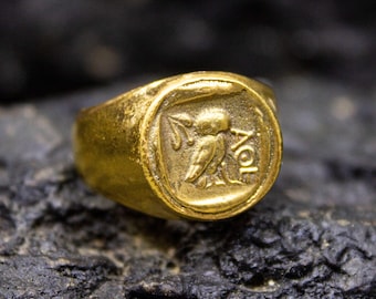 Ancient Owl Signet Coin Ring | Athenas Coin Ring | 925 Sterling Silver Ring 24K Gold Plated | Priene Athena Bird Ring | Mom Gift by Pellada