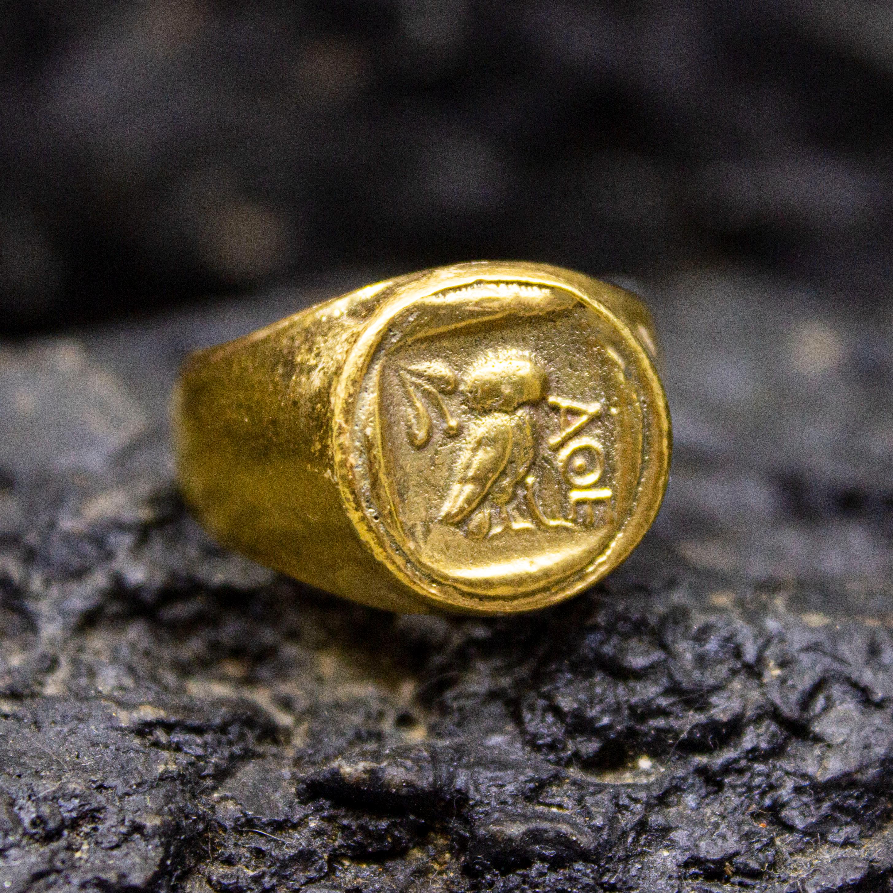 Ancient Owl Signet Coin Ring | Athenas Coin Ring | 925 Sterling Silver Ring 24K Gold Plated | Priene