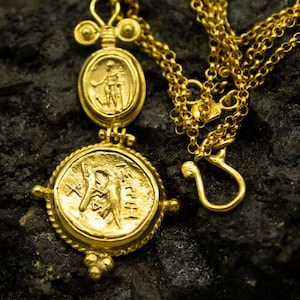 Ancient Greek Hawk Coin Pendant | 925 Silver 24K Gold Plated | Roman Gold Medallion Necklace | Vintage Layering Pendant | Gift by Pellada