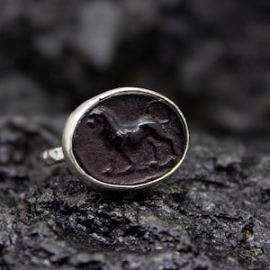 King Lion Intaglio Glass Ring | 925 Sterling Silver | Lydian Lion Intaglio Signet Ring | Ancient Venetian Carved Glass Ring by Pellada