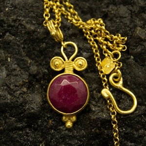 Jade Diamond Cut Necklace Solid Silver | 925 Sterling Silver 24K Gold |Red Stone Pendant | Silver Ancient Roman Art  | By Pellada