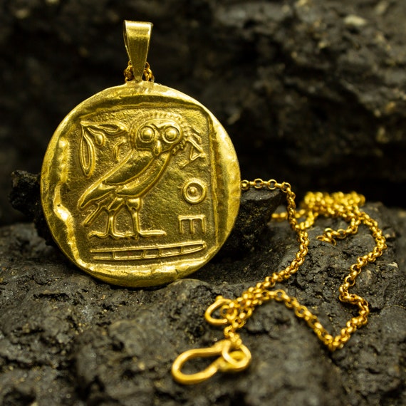 Ancient Greek Owl Gold Signet Coin Pendant 24K Gold Plated 925 Sterling Silver Athena Goddess Necklace Athenian Jewelry by Pellada Etsy
