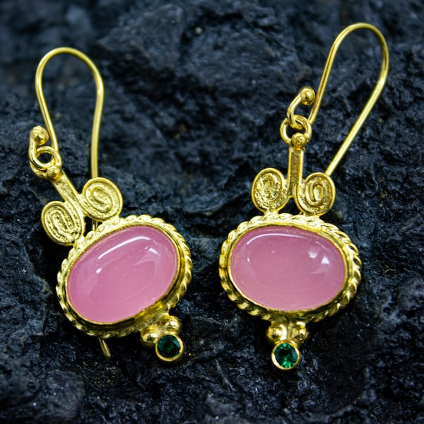 Jade Pink Stone Dangle Earrings | 24K Gold Over 925 Sterling Silver | Handcrafted Birthstone Earrings | Pink Stone Earrings | By Pellada