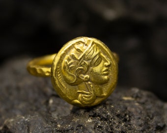 Ancient Greek Goddess Athena Ring | 24K Gold Plated 925 Sterling Silver | Athena Coin Siver Ring | Greek Jewelry | Dainty Gift Pellada
