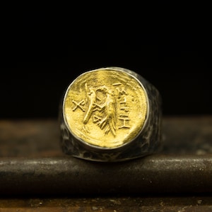 Greek Art Hawk Signet Coin Ring | 24K Gold Plated 925 Sterling Silver  | Hammered Eagle Two Tone Ring | Hunter Hawk Ring by Pellada