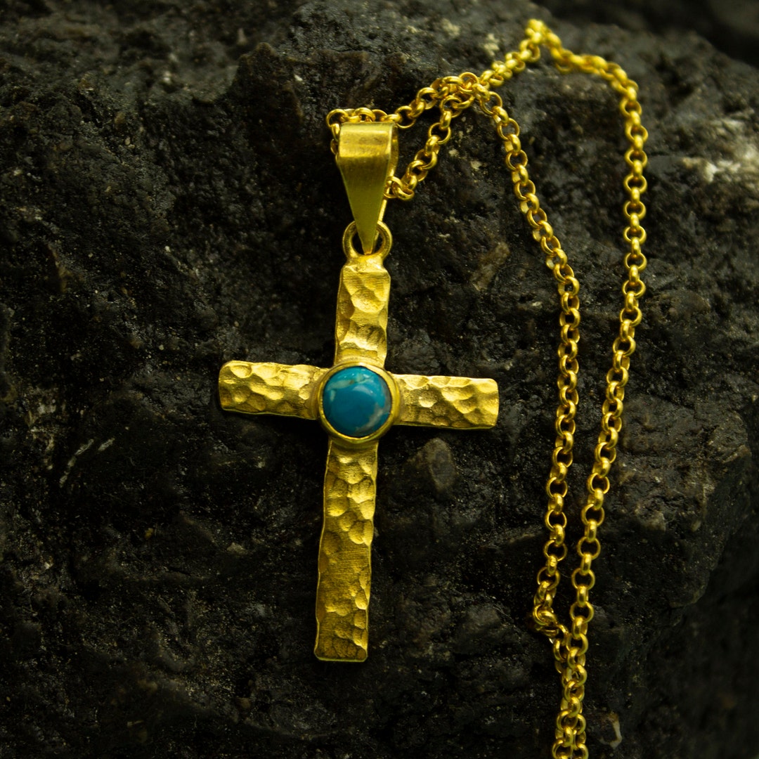Turquoise Cross Pendant 925 Sterling Silver 24K Gold Plated - Etsy