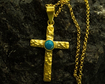 Turquoise Cross Pendant | 925 Sterling Silver 24K Gold Plated | Cross Necklace  | Minimalist Cross Necklace |  Religious Gift by Pellada