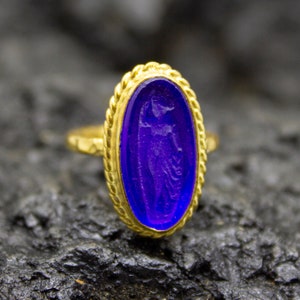 Ancient Greek Woman Intaglio Glass Silver Ring | 24K Gold Plated | Ancient Greek Venus Jewelry | Ancient Vintage Figure Ring by Pellada