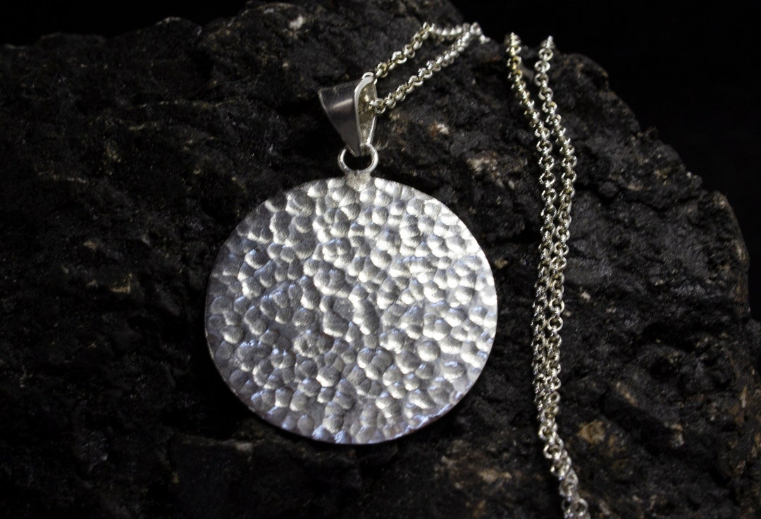 Silver Hammered Disc Necklace | 925 Sterling Silver | Medallion