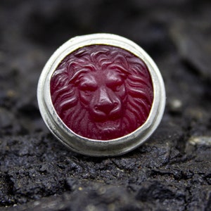 Greek Lion Intaglio Red Glass Ring | 925 Sterling Silver | Ancient Roman Horoscope Ring | Ancient Mythology Lion Zodiac Ring by Pellada