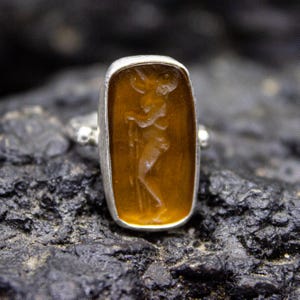 Greek Aphrodite Orange Stone Ring | 925 Sterling Silver | Ancient Signet Aphrodite / Venus Ring | Vintage Intaglio Glass Ring by Pellada