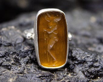 Greek Aphrodite Orange Stone Ring | 925 Sterling Silver | Ancient Signet Aphrodite / Venus Ring | Vintage Intaglio Glass Ring by Pellada