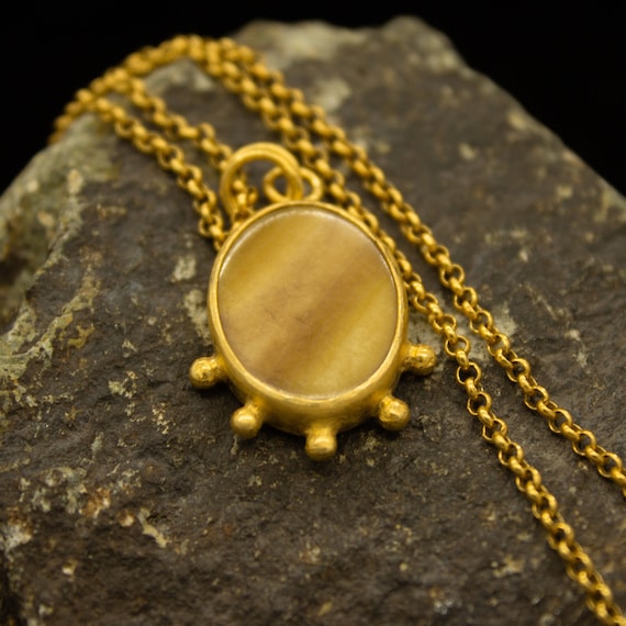 Brown Mother of Pearl Stone Necklace 925 Sterling Silver 24K Gold Plated Handcrafted Necklace Pendant Minimalist Jewelry By Pellada