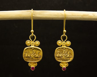 Roman Art Horse Signed Coin Dangle Earrings 24K Gold Over 925 Sterling Silver Handcrafted Red Cubic Zirconia Woman Earrings by Pellada