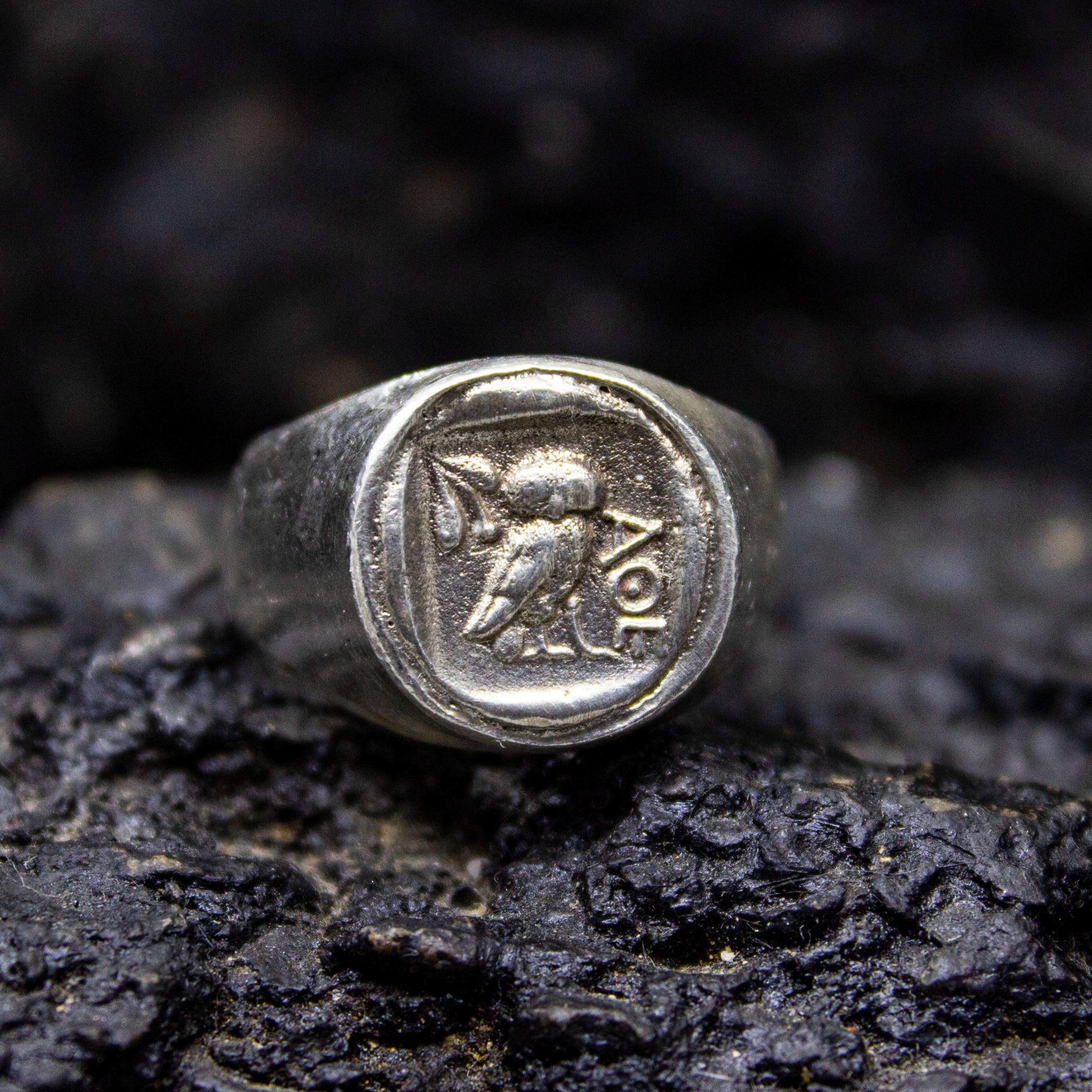 Ancient Greek Owl Gold Signet CoinRing | Athenas Coin Ring | 925 Sterling Silver Jewelry | Greek Owl