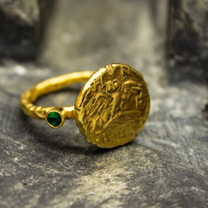 Ancient Greek Owl Athena Coin Ring | 24K Gold Plated 925 Sterling Silver | Gold Greek Athenian Tetradrachm Ring | Handmade Ring by Pellada