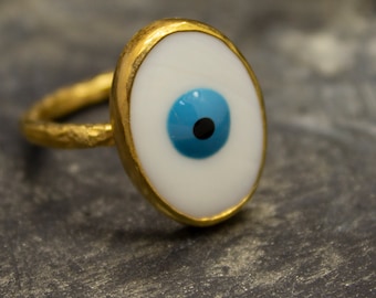Pearl Evil Eye Ring Good Luck Ring 925 Sterling Silver 24K