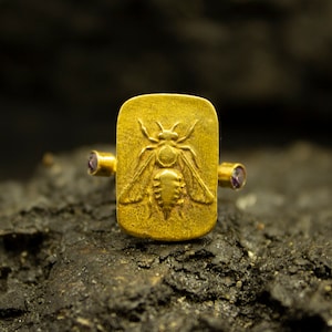 Greek Art Honey Bee  Ring | 24K Gold Plated  | Handcrafted Gold Coin Ring | Ancient Art Roman Silver Ring | Dainty Gift by Pellada