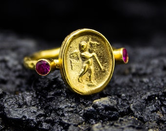 Guardian Angel Signet Ring | 24K Gold Plated 925 Sterling Silver | Ancient Greek Signet Ring | Roman Art Angel Ring | Dainty Gift by Pellada