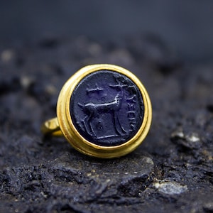 Ancient Greek Deer Intaglio Glass Ring | 925 Sterling Silver | Artemis Historical Deer Intaglio Jewelry | Venetian Glass Ring by Pellada