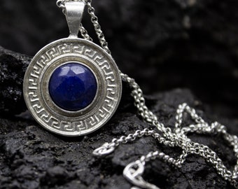 Ancient Greek Meander Navy Blue Jade Pendant | 925 Sterling Silver 24K Gold Plated | Handcrafted Meander Necklace | Eternity Key by Pellada