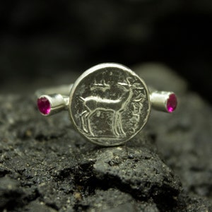Ancient Greek Deer Coin Ring | 24K Gold Plated 925 Sterling Silver | Artemis Mythology Medallion Ring | Historical Jewelry by Pellada